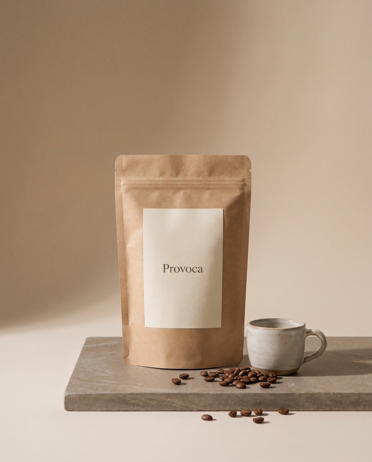 Empaque kraft de Provoca junto a una taza de espresso